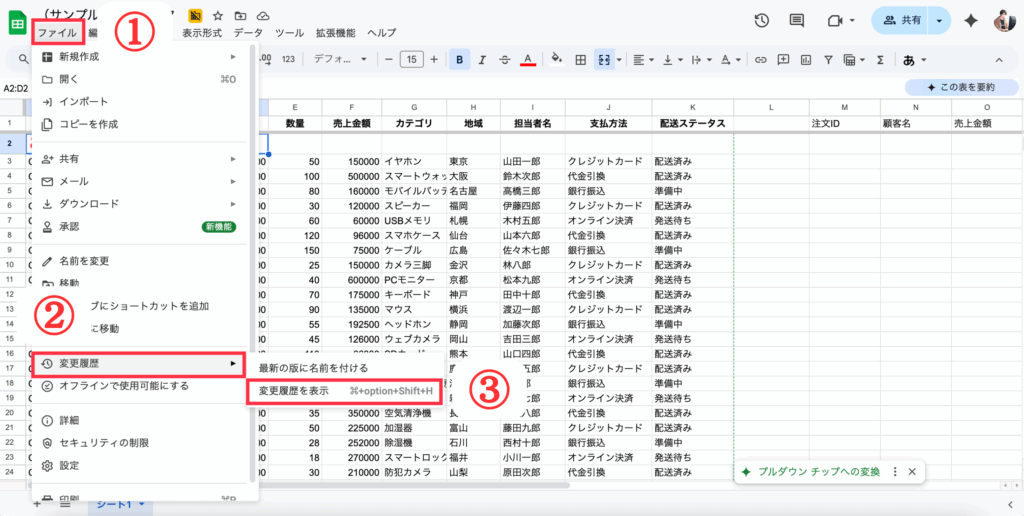 「ファイル」の中の「変更履歴」を押して、「変更履歴を表示」をクリック