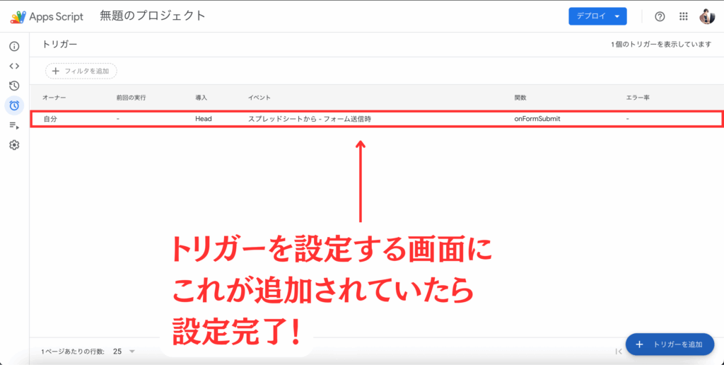 トリガーの設定が完了した画面