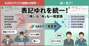 GASで表記ゆれを統一！SUBSTITUTE関数の限界を突破し、(株)なども一発変換するイメージ図