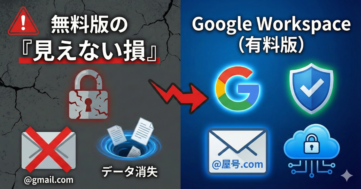 Google Workspaceの無料版と有料版の比較図解。個人事業主が無料版で抱える「見えない損（データ消失リスク・信用低下）」と、有料版で得られるメリット（独自ドメイン・セキュリティ）を対比させたアイキャッチ画像